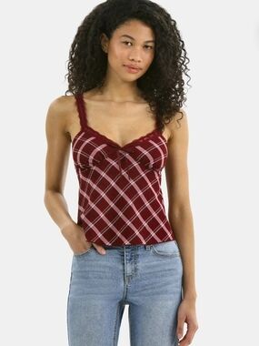 No Boundaries NEW Burgundy Plaid Lace Trim Cami - Y2K Coquette - Medium 8-10